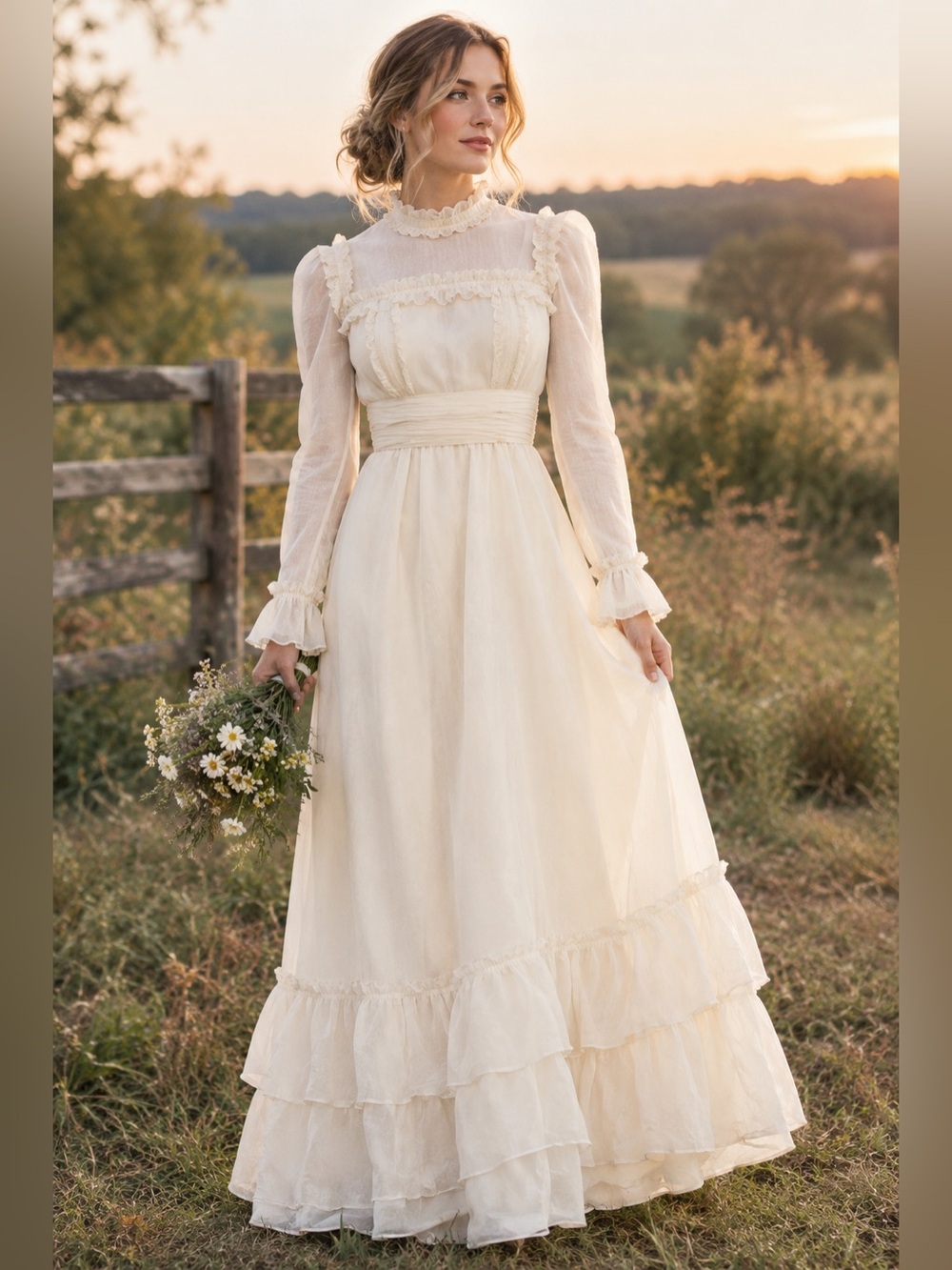 Vtg Emma Domb Cali Ivory Ruffle Prairie Wedding Maxi Dress Sz 11 - 6/8 contemp